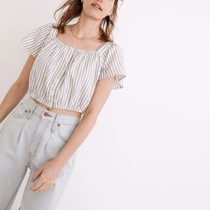Madewell Stripe Flutter Sleeve Crop Linen Top